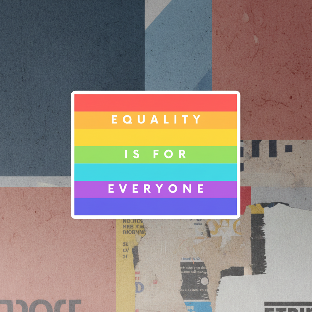 Equality Is For Everyone Magnet shows a rainbow flag and "EQUALITY IS FOR EVERYONE" on a torn blue, red, cream, and beige background.