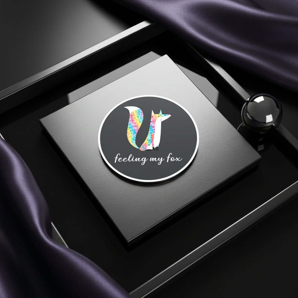 Round black vinyl magnet with colorful fox silhouette and white script, adding sleek queer flair to your space.