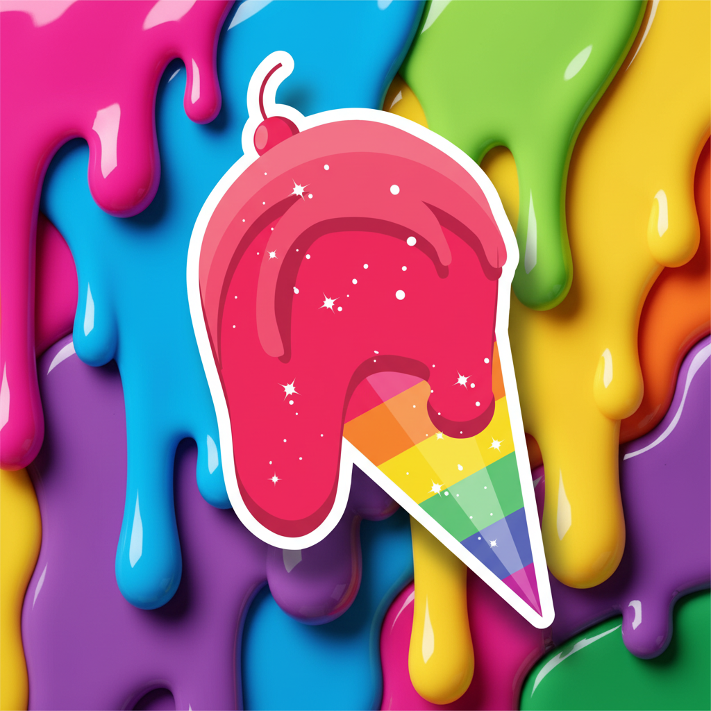 Gay Ice Cream Magnet: melting pink ice cream with sparkles, rainbow-striped cone, on bright glossy dripping paint; vinyl décor.