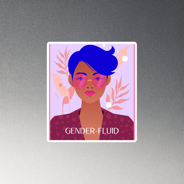 Gender-Fluid Magnet featuring a stylish figure with cobalt-blue hair, pink glasses, and a magenta-patterned top, celebrates queer identity and self-expression with empowering, vibrant visuals.
