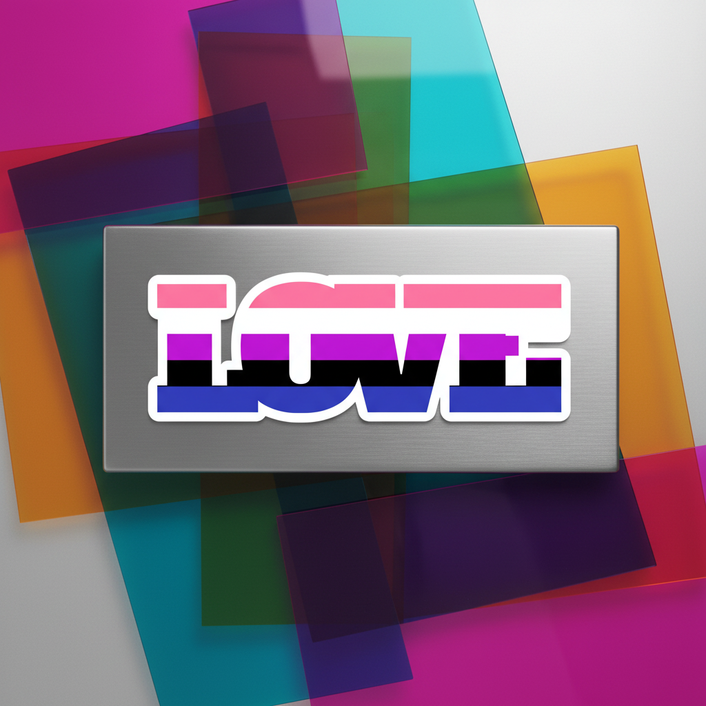 Genderfluid Love Magnet with “LOVE” in bold on a metallic rectangle, pink, purple, blue stripes, and colorful translucent overlays.