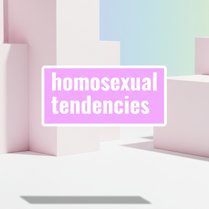 Rectangular pink-purple magnet reading “homosexual tendencies” in white text