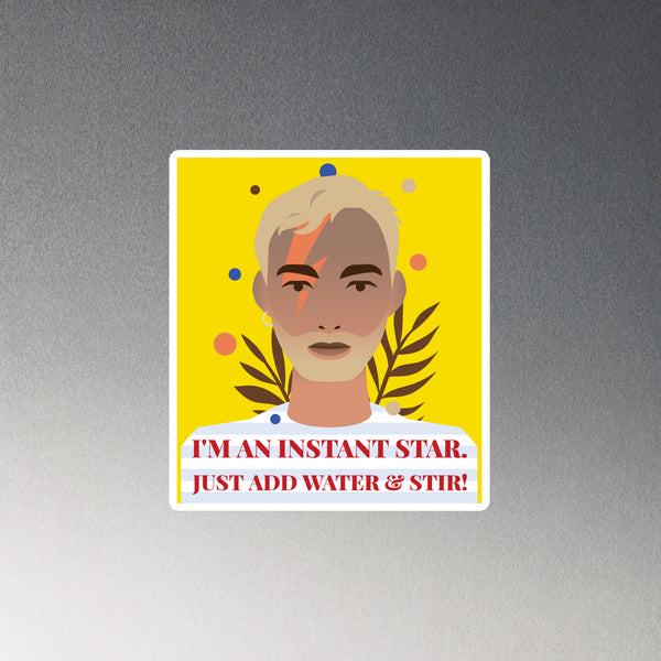 Rectangular magnet with a stylized lightning-marked face and text, “I’M AN INSTANT STAR. JUST ADD WATER & STIR!”