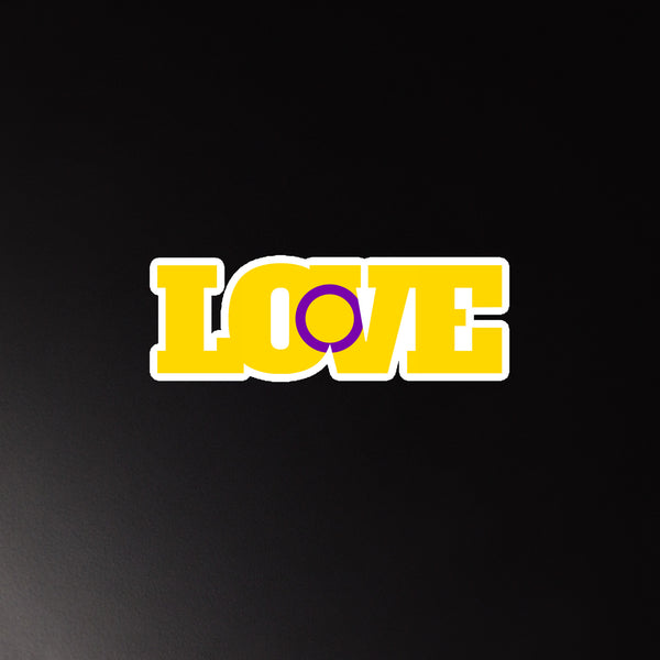 Intersex Love Magnet with “LOVE” in bold yellow letters, white outline, black background. Purple “O” pops; queer home vibe.