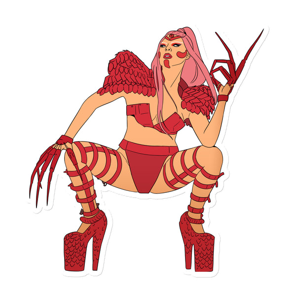 Illustrated woman in red lingerie, feathered sleeves, and clawed heels in a seated pose