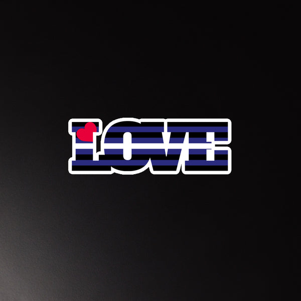 LOVE magnet with black and blue horizontal stripes, white outlines, and a red heart on the L