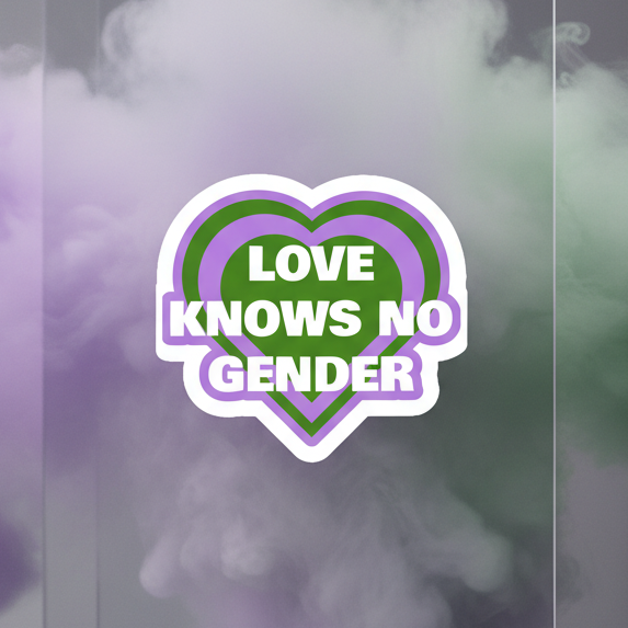 Stylized graphic of the Love Knows No Gender Genderqueer Magnet, featuring a purple-outlined, green-filled heart with bold white text, embodying queer pride and self-expression in a vibrant, empowering statement piece.