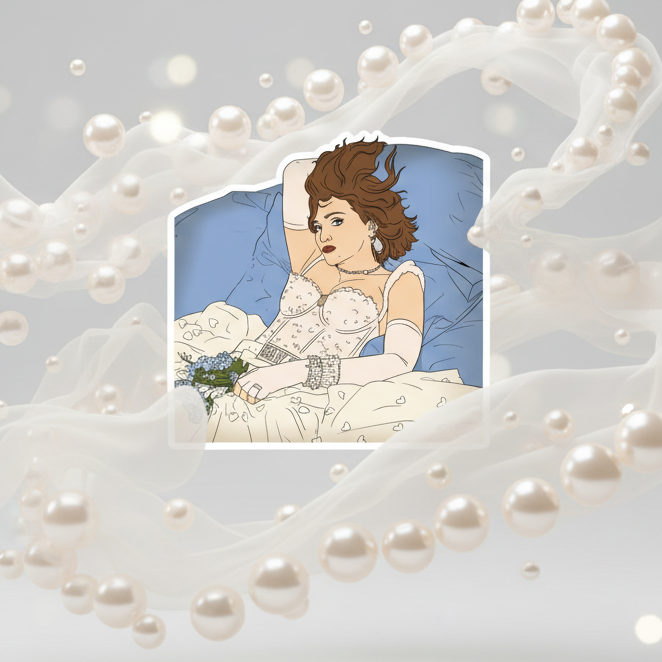 Illustrated magnet showing a reclining bride in a corset, pearls, gloves, and blue flowers