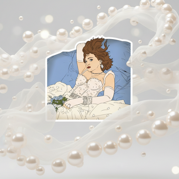 Illustrated magnet showing a reclining bride in a corset, pearls, gloves, and blue flowers