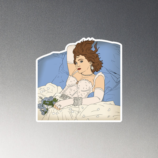 Illustrated woman reclining in bed, wearing a corset and holding flowers