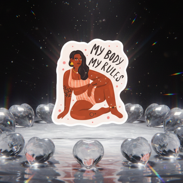 Illustrated “My Body My Rules” magnet showing a seated tattooed person in striped lingerie