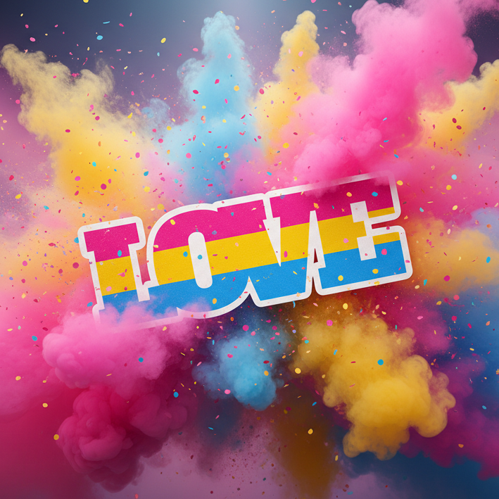 Pansexual pride magnet reading “LOVE” over colorful clouds and confetti