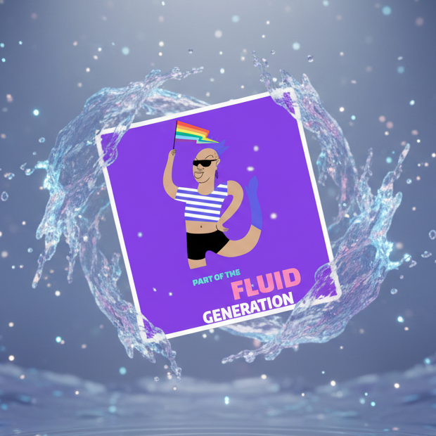 Purple magnet graphic with a striped, sunglasses-wearing figure and “Part of the Fluid Generation” text