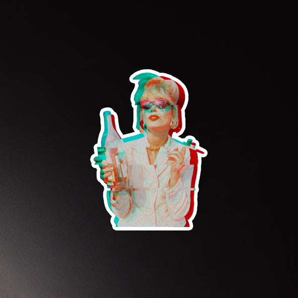 Sticker-style portrait of a blonde woman in sunglasses holding a wine bottle, with red-and-cyan glitch effects