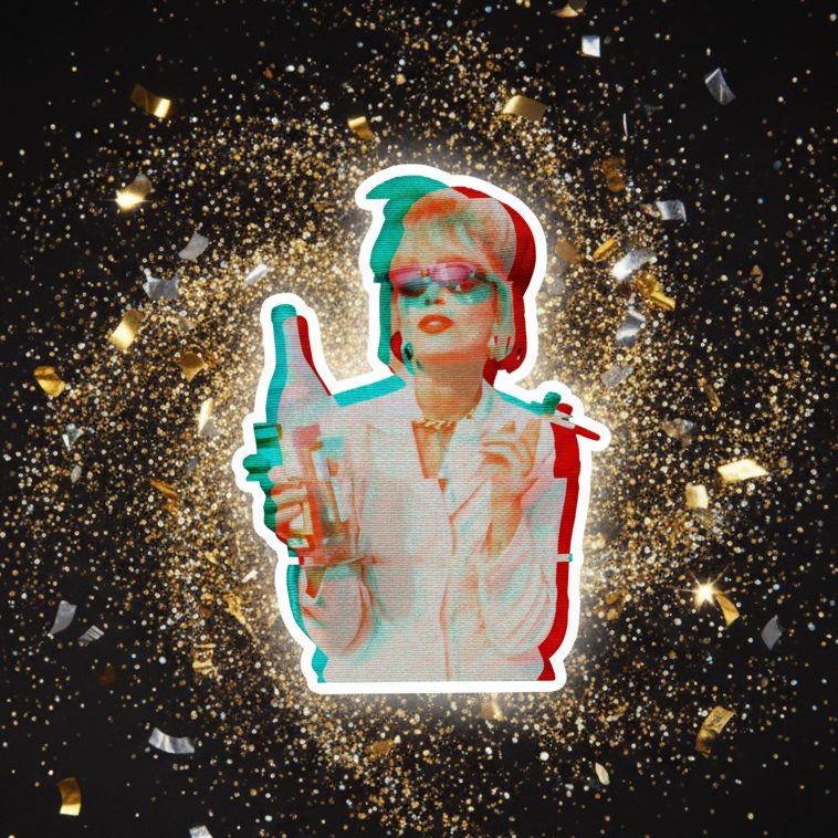 Retro-styled Patsy Stone Absolutely Fabulous Magnet features a chic woman with sunglasses, blazer, champagne, and cigarette, outlined anaglyph-style, exuding celebratory queer flair with a matte finish.