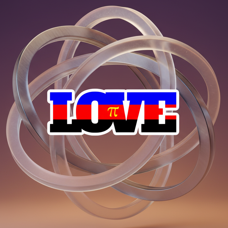 Polyamory Love Magnet: Chunky LOVE with π in place of O, striped in blue, red, black, set against abstract interlocking bands, embodies vibrant queer pride and self-expression.