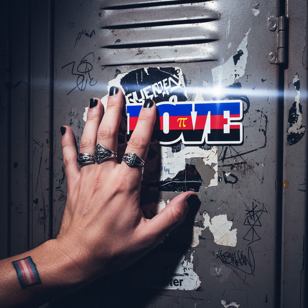 A hand adorned with three ornate silver rings presses against a graffiti-covered locker, showcasing the Polyamory Love Magnet, a bold declaration of queer pride with a distinctive LOVE design.