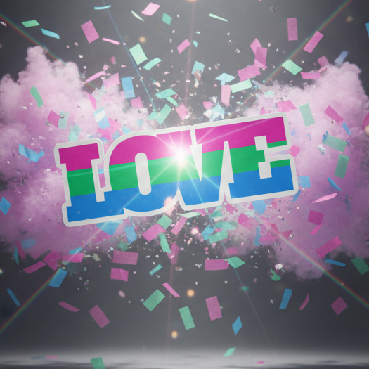 Magnet graphic reading “LOVE” in pink, green, and blue stripes amid confetti and pink smoke