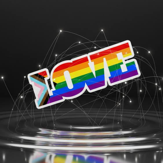 Progress LGBT Love Magnet: A vibrant 3D LOVE graphic featuring Pride flag stripes, with network-like arcs above a reflective surface, embodying bold, joyful queer energy and self-expression.