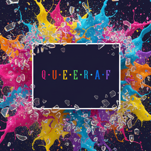Rectangular “QUEER AF” magnet centered amid colorful paint splashes and glass shards
