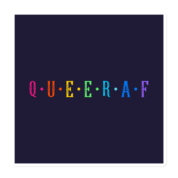 Dark navy rectangular magnet reading “QUEER AF” in colorful letters with matching dots