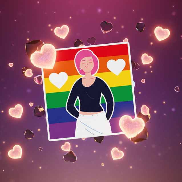 Illustrated person in a black top and white bottoms over a rainbow Pride flag with hearts