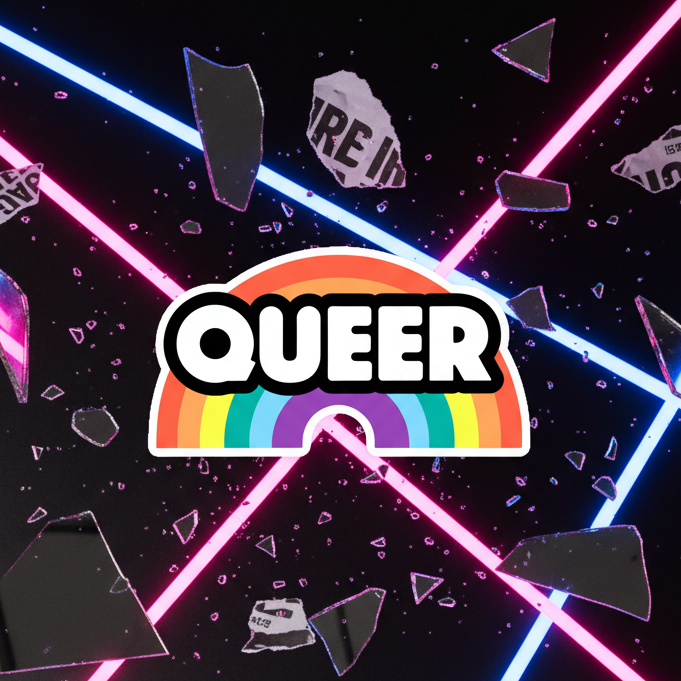 Queer rainbow magnet with bold white lettering over neon beams and shattered fragments