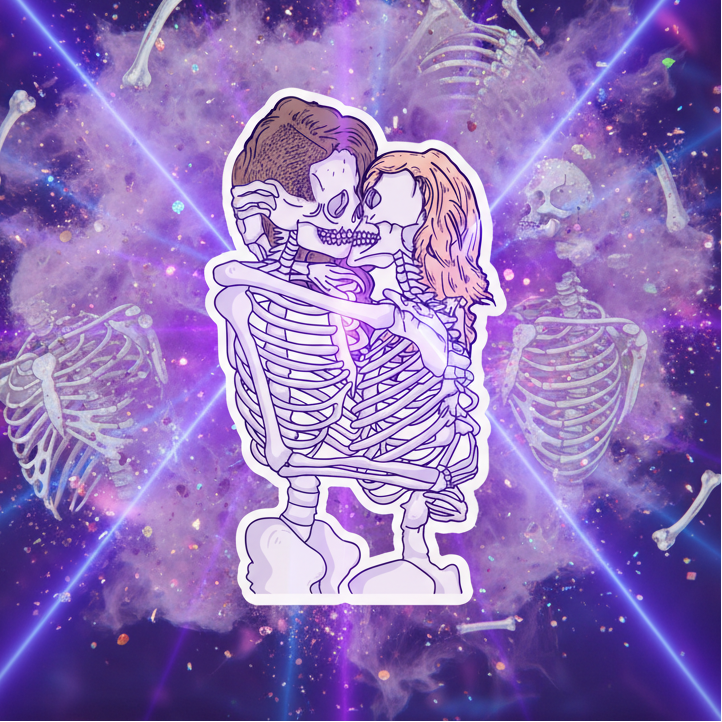 Illustrated magnet of two skeletons kissing against a purple cosmic background