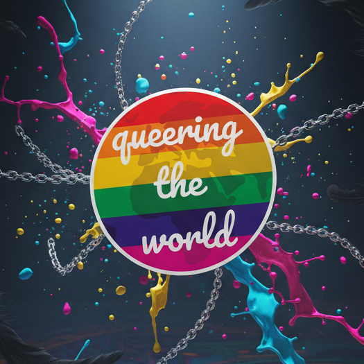 Round rainbow-striped “queering the world” magnet amid paint splashes and chains