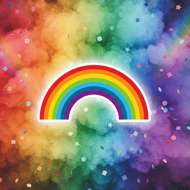 Rainbow-shaped magnet on a colorful swirling cloud background with confetti