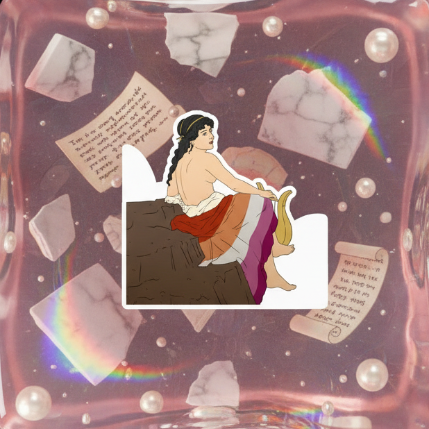 Illustrated magnet of a seated woman with a lyre, rainbow-striped drapery, and cosmic parchment background