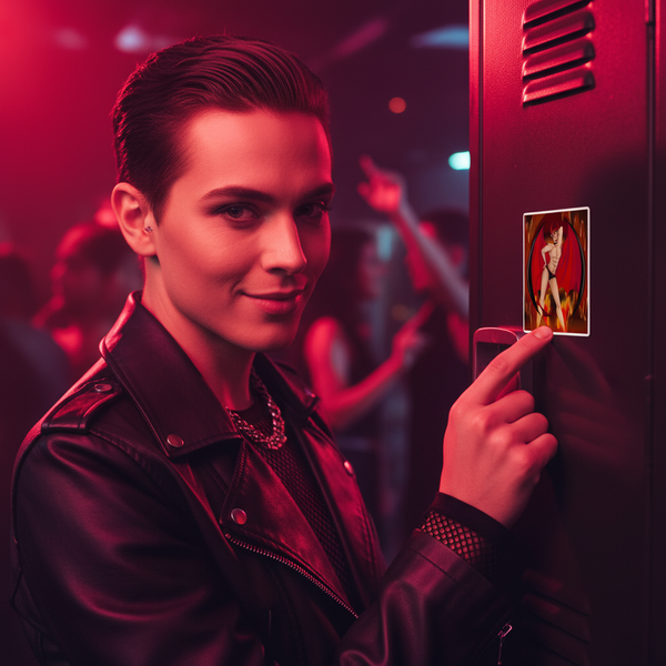 Person in a black jacket pointing to a colorful magnet on a locker