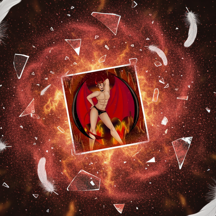 The Demon Of Homosexuality Magnet features a muscular demon in black briefs, with red-and-black wings, surrounded by flames and crystal shards, embodying bold queer pride and self-expression.