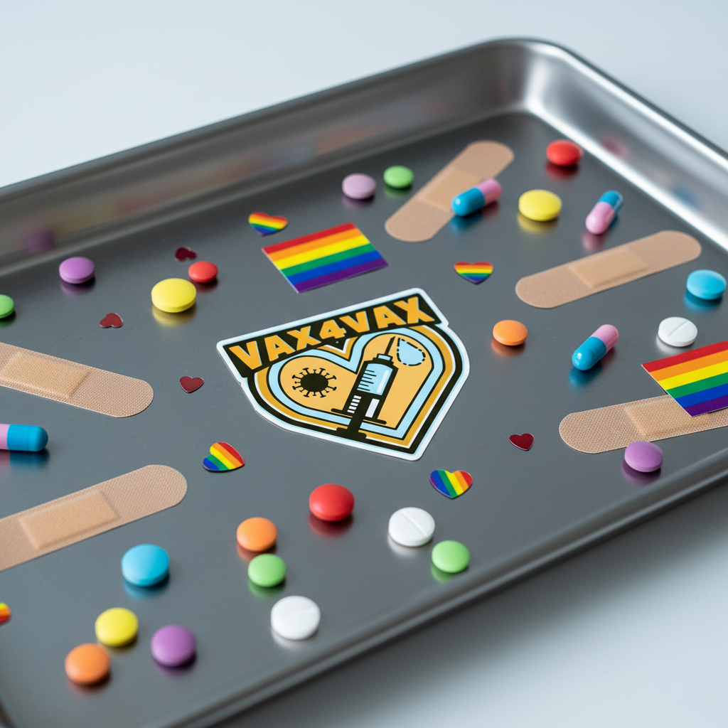 VAX 4 VAX magnet with a syringe-and-heart graphic on a tray of pills, bandages, and pride flags