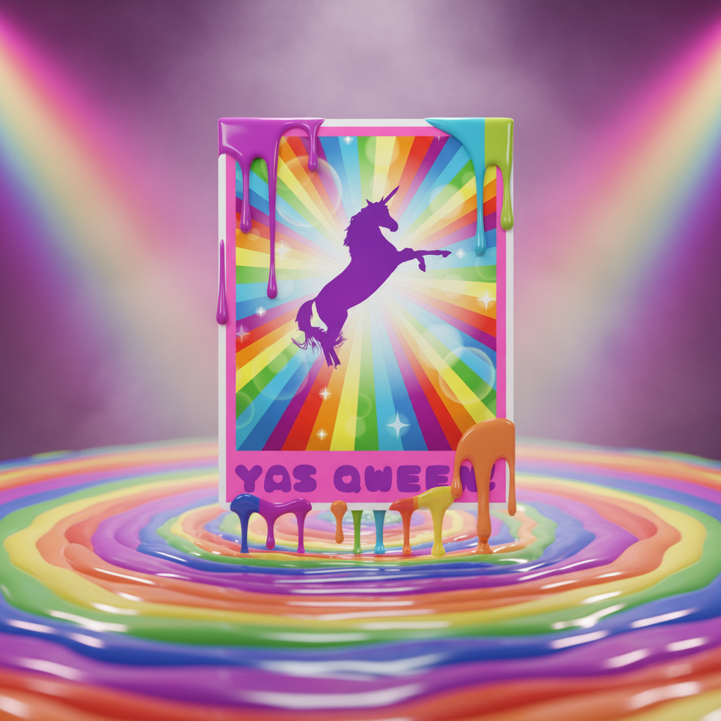 YAS QWEEN magnet with a purple rearing unicorn over a rainbow burst and colorful drips