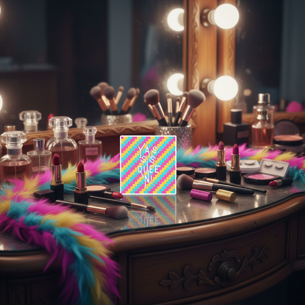 Colorful “Yasss Queen” magnet displayed on a makeup vanity