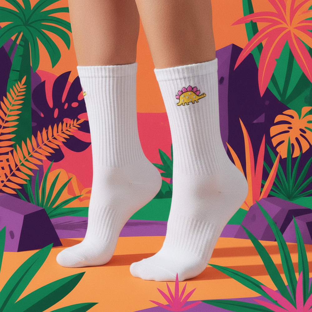 White ribbed unisex socks with a small embroidered stegosaurus