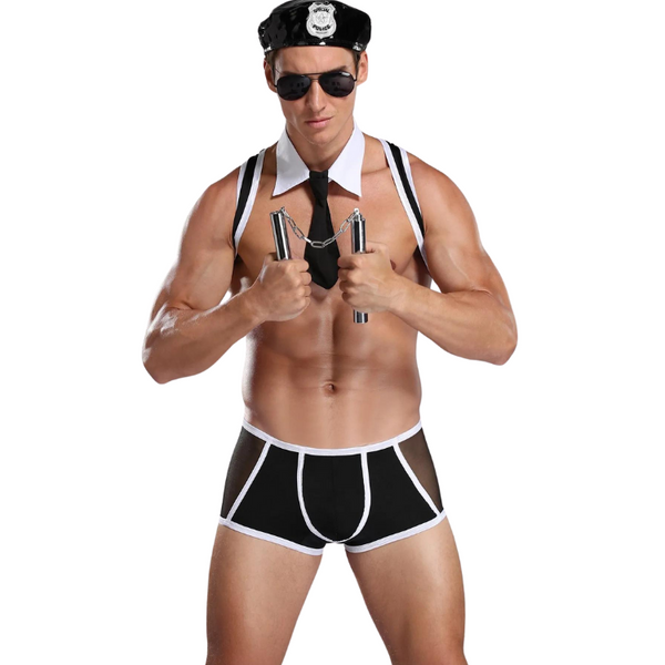 Front-facing model wearing a black-and-white police costume with briefs, tie, cap, sunglasses, and handcuffs