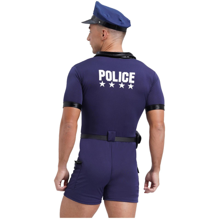 Rear view of a person modeling a navy police costume romper with cap and belt