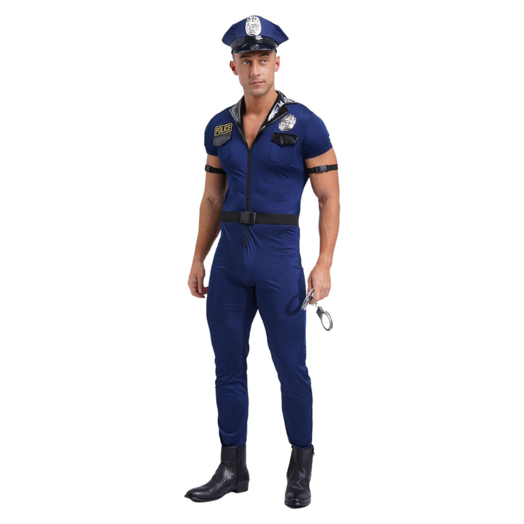Front-facing person wearing a navy police costume with cap, belt, and handcuffs