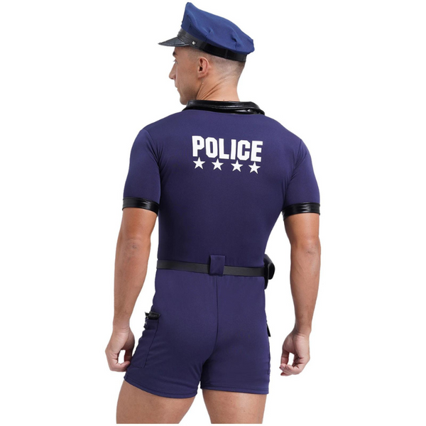 Rear view of a person modeling a navy police costume romper with cap and belt