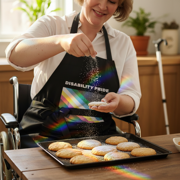 Person in a wheelchair wearing a black Disability Pride apron while dusting cookies