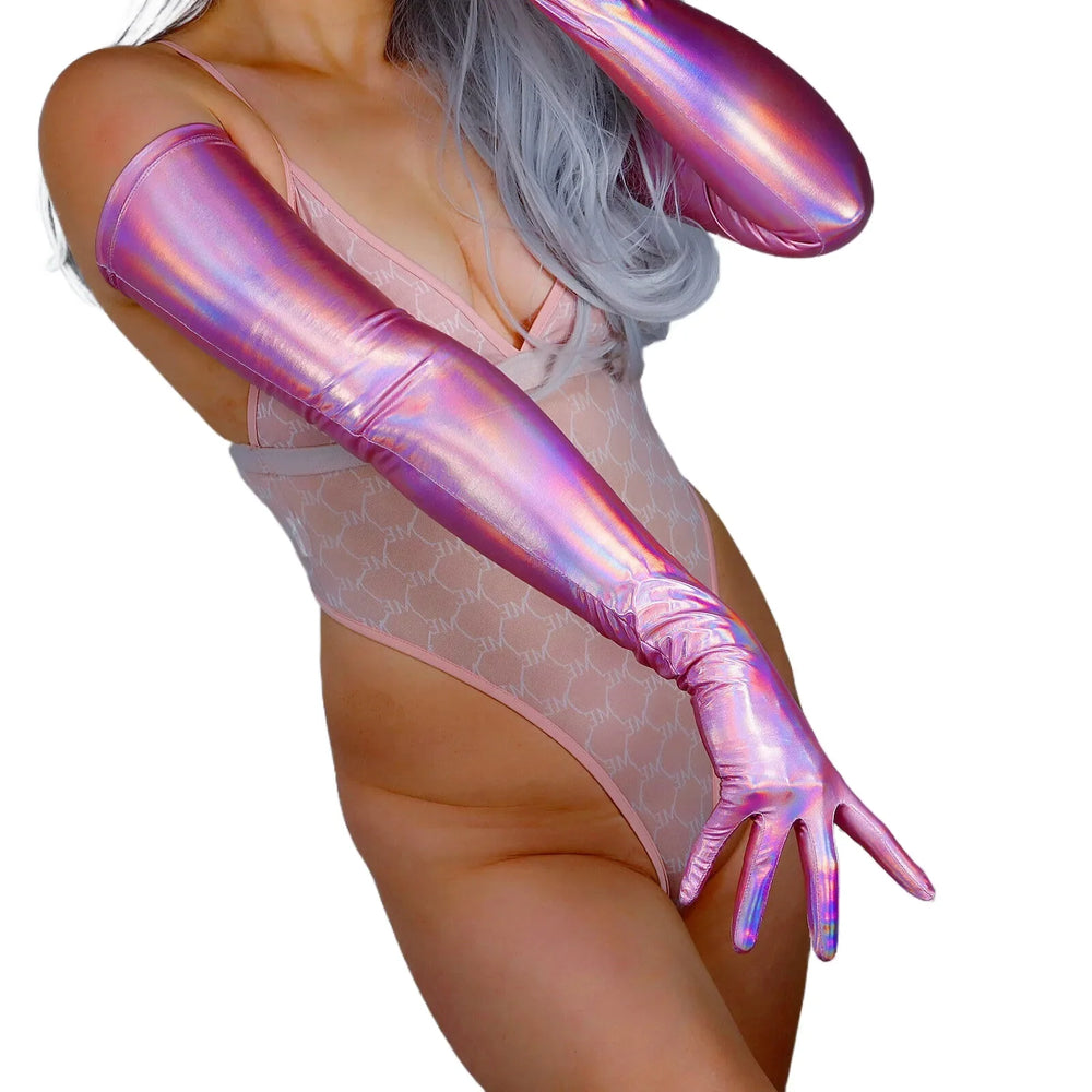 Model wearing long metallic pink-purple holographic gloves with oversized rounded cuffs