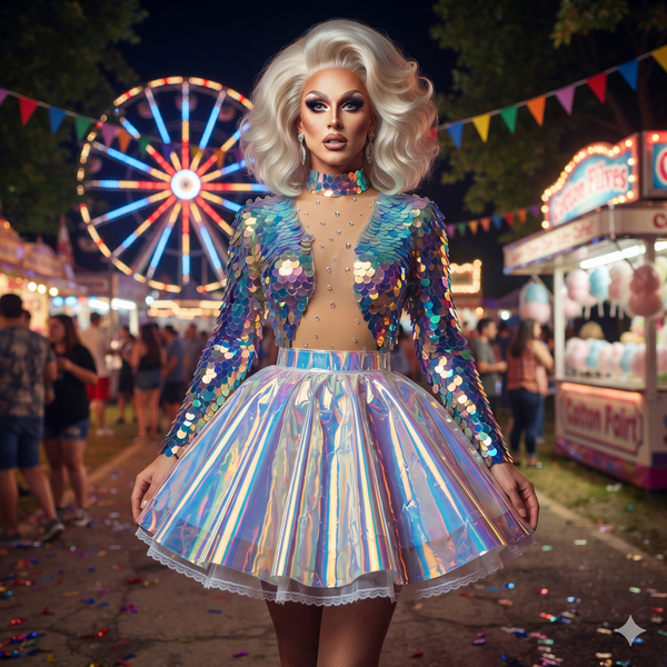 Front-facing model in a sequined cropped jacket and iridescent skirt at a fairground