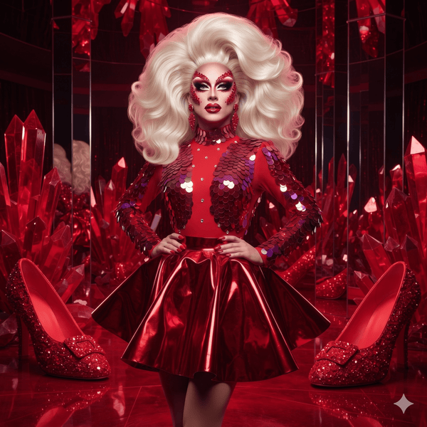 Front-facing performer in a red sequined top and metallic skirt amid red crystals