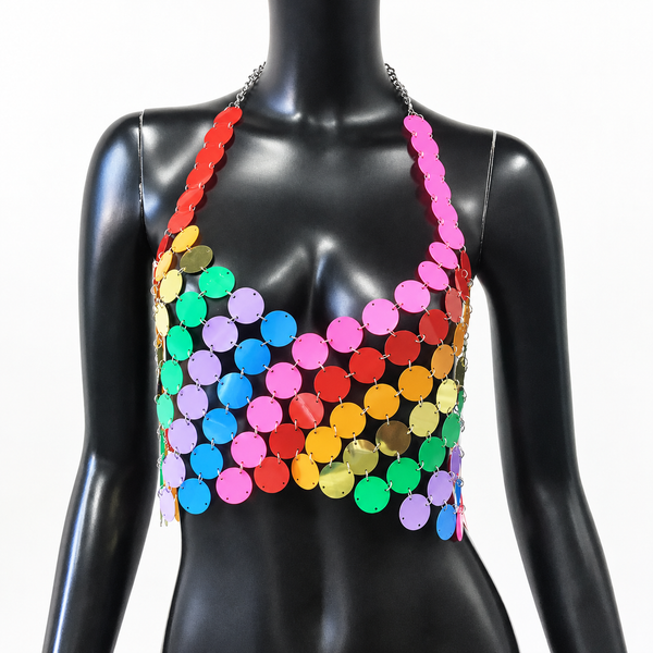 Front view of a black mannequin wearing a rainbow sequin halter crop top