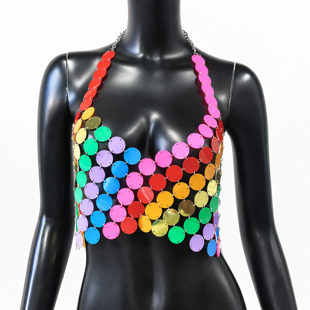 Front view of a black mannequin wearing a rainbow sequin halter crop top