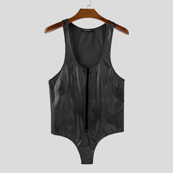 Disco Doll Men’s Holographic Zip Bodysuit: black metallic bodysuit on a hanger, full front view.