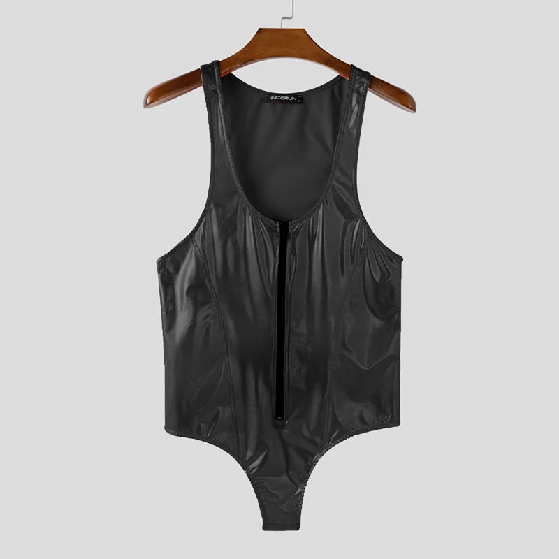 Disco Doll Men’s Holographic Zip Bodysuit: black metallic bodysuit on a hanger, full front view.