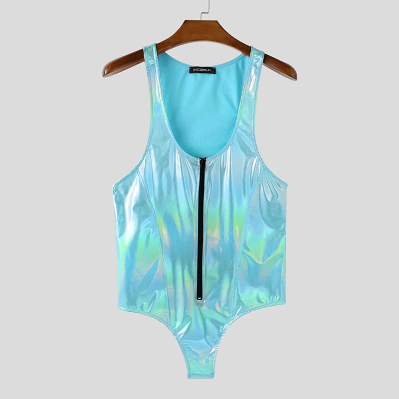 Disco Doll Men’s Holographic Zip Bodysuit: blue holographic bodysuit on a hanger, full front view.